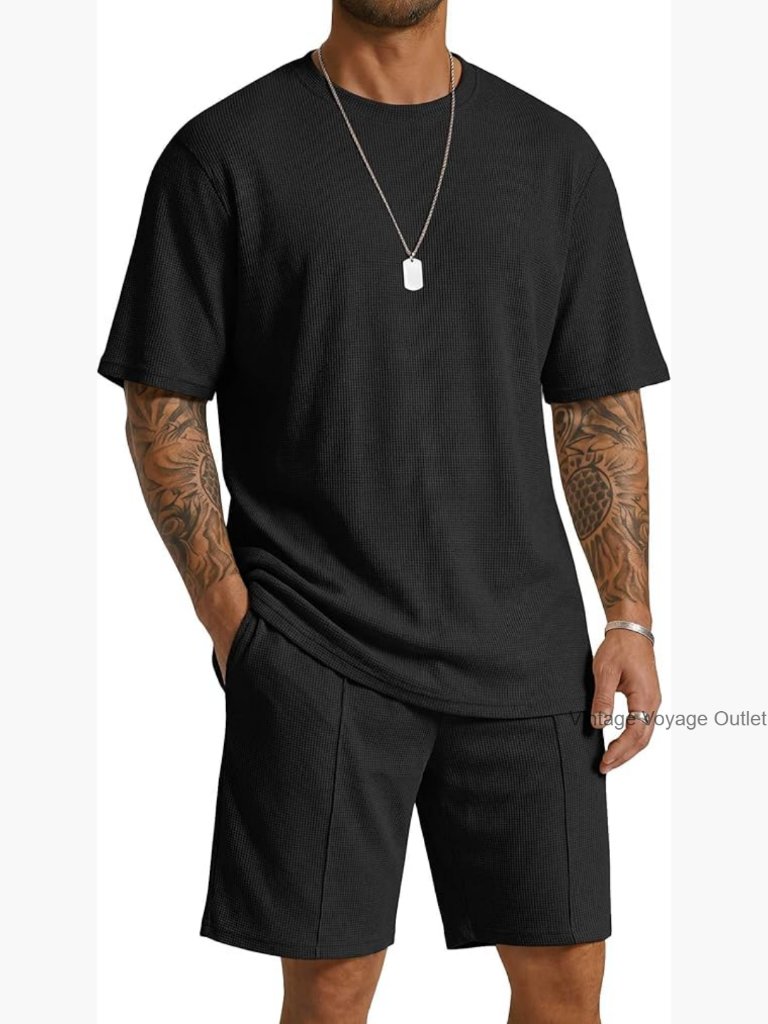 Men's Cotton Waffle Tee And Shorts Set Summer Tracksuit